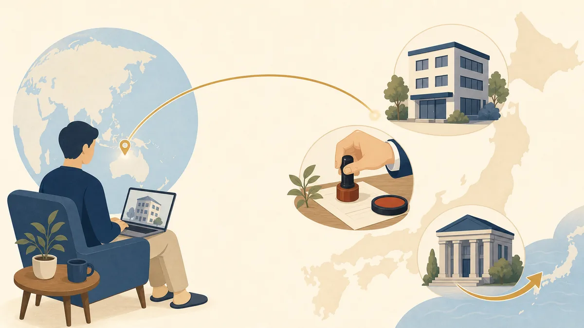 Illustration of a foreign owner running a Tokyo apartment from abroad — a laptop and a world map on one side; on the other, a Japanese management company, a tax-agent’s stamp, and a bank-remittance arrow standing in for the on-the-ground work someone must do locally.