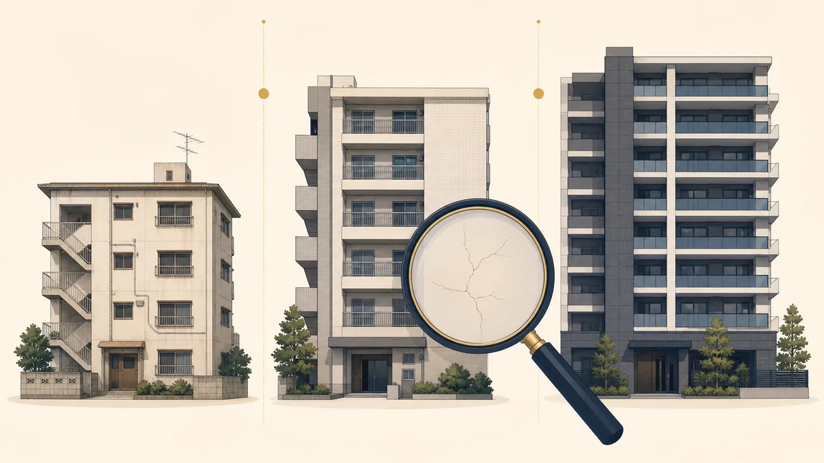 Illustration contrasting three Japanese buildings on a timeline marked 1981 and 2000 — showing how a local reads a building’s likely seismic standard from its construction year, while a magnifying glass points to cracks that the year alone cannot reveal.