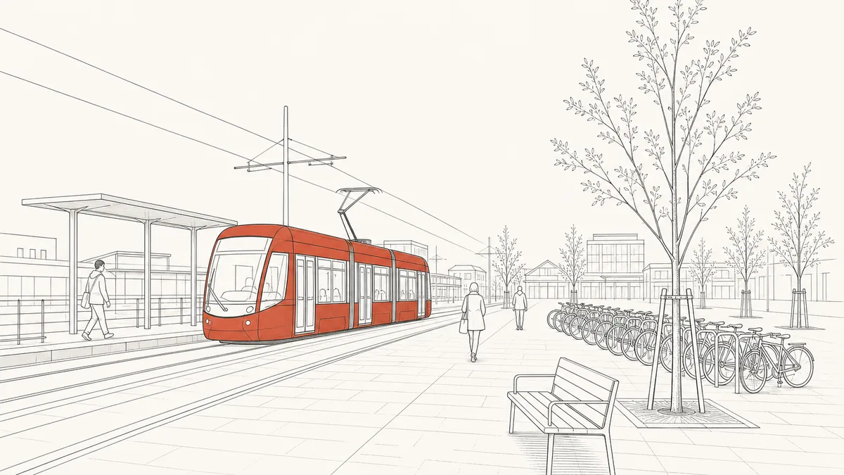 Line-art illustration of a small city station square in the morning: a light-rail tram in brick red arriving at a platform beside neat rows of parked bicycles, young trees and a bench